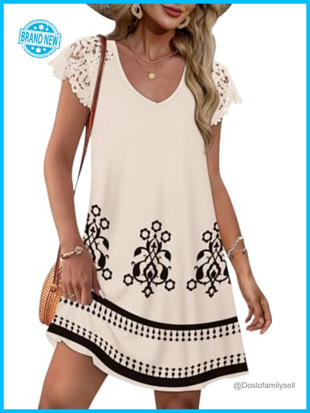Women's Summer Lace Short Sleeve V-Neck Casual A-Line Dress Beach Vacation